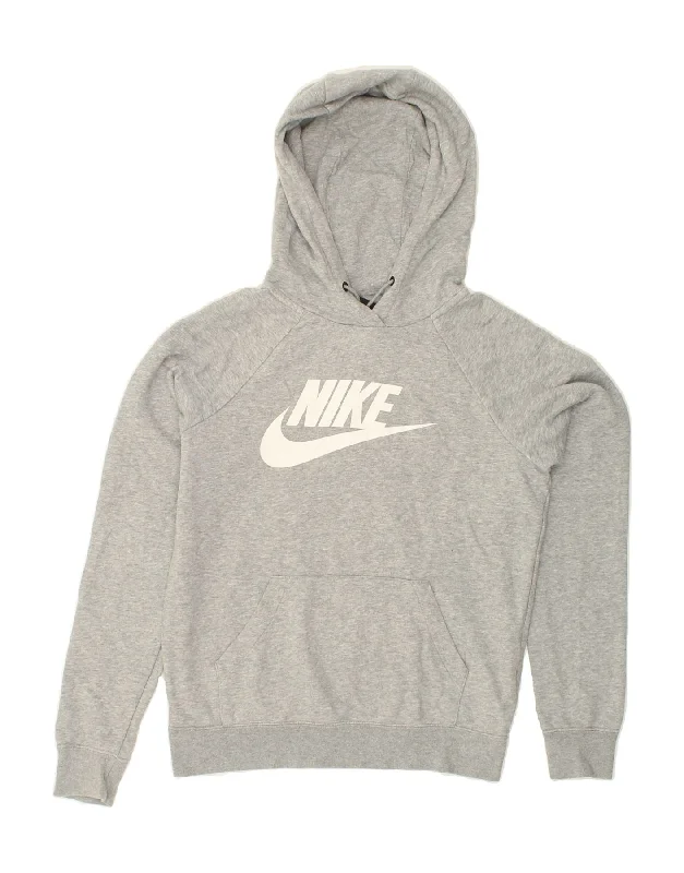 NIKE Womens Oversized Graphic Hoodie Jumper UK 6 XS Grey Cotton Hoodie with Embroidery Detailed Premium