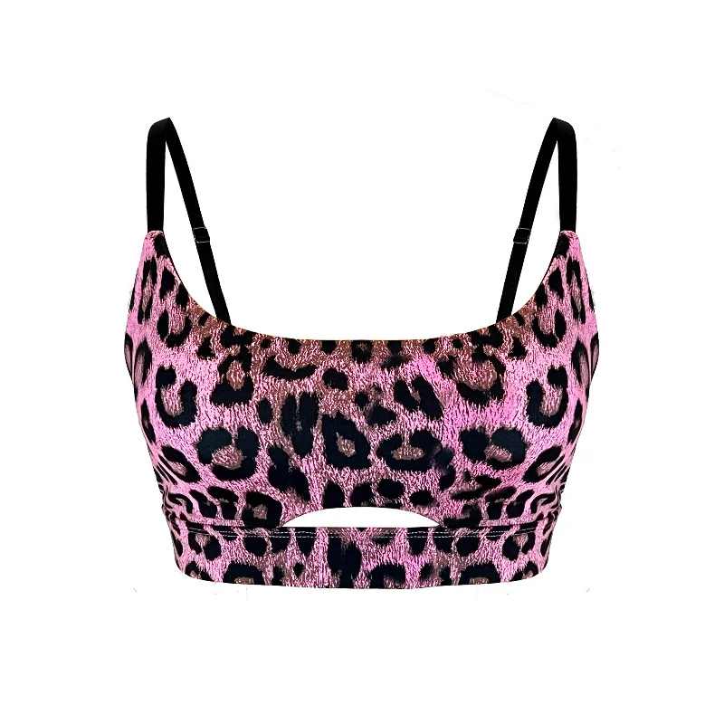 Adjustable Pole Dance Sports Bra Luna Pink Leopard Animal Print Stylish Lace Bralette