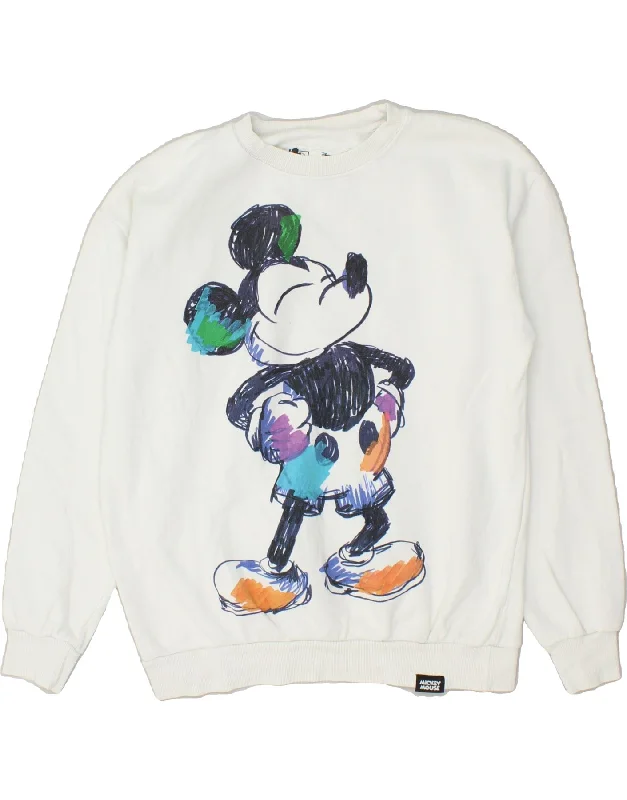 PULL & BEAR Womens Mickey Mouse Sweatshirt Jumper UK 10 Small White Cotton Hoodie with Batwing Sleeves Loose Dramatic