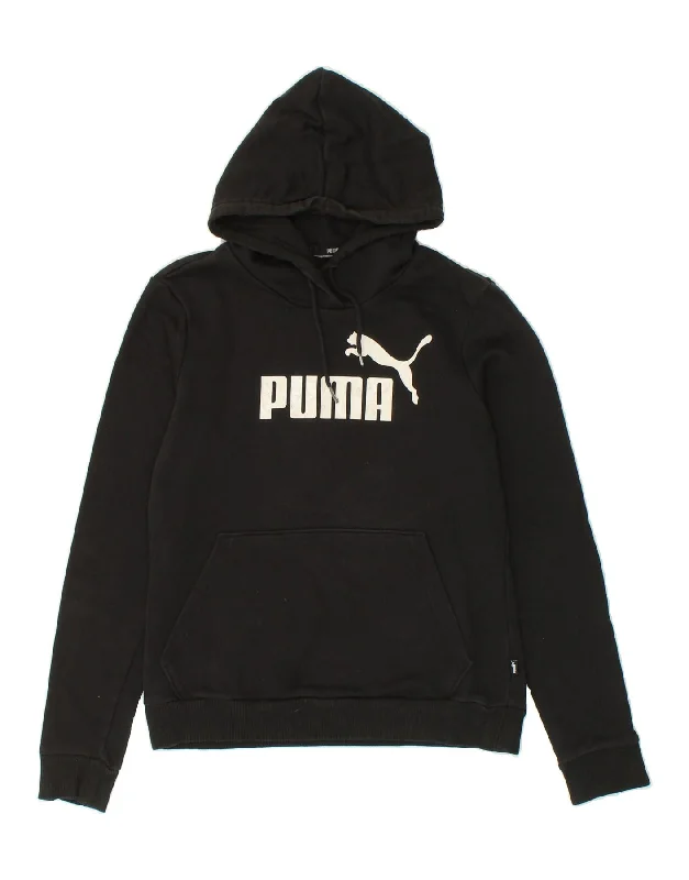 PUMA Womens Graphic Hoodie Jumper UK 12 Medium Black Hoodie with Stripes Bold Sporty