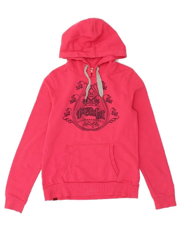 PUMA Womens Graphic Hoodie Jumper UK 12 Medium Pink Hoodie with Print Artistic Unique