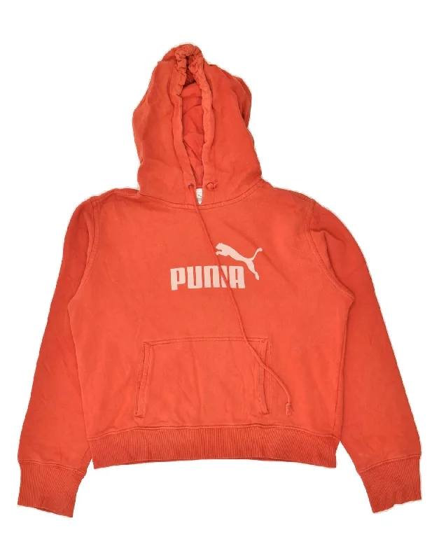 PUMA Womens Graphic Hoodie Jumper UK 14 Large  Red Hoodie with Hem Embroidery Detailed Premium