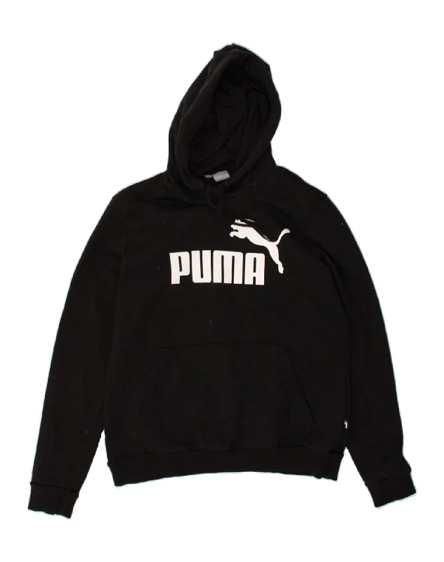 PUMA Womens Graphic Hoodie Jumper UK 16 Large  Black Hoodie with Hem Raw Edge Edgy Unfinished