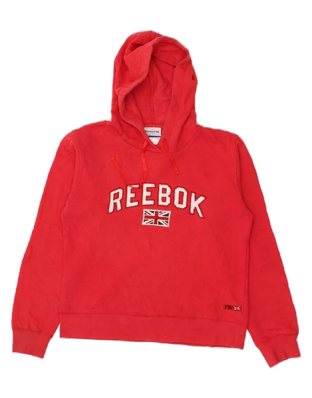 REEBOK Womens Graphic Hoodie Jumper UK 12 Medium Red Cotton Hoodie with Strings Custom Fit Adjustable