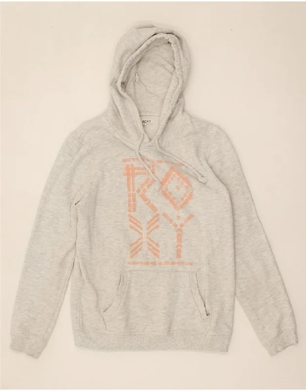 ROXY Womens Graphic Hoodie Jumper UK 14 Medium Grey Cotton Hoodie with Toggle Buttons Decorative Unique