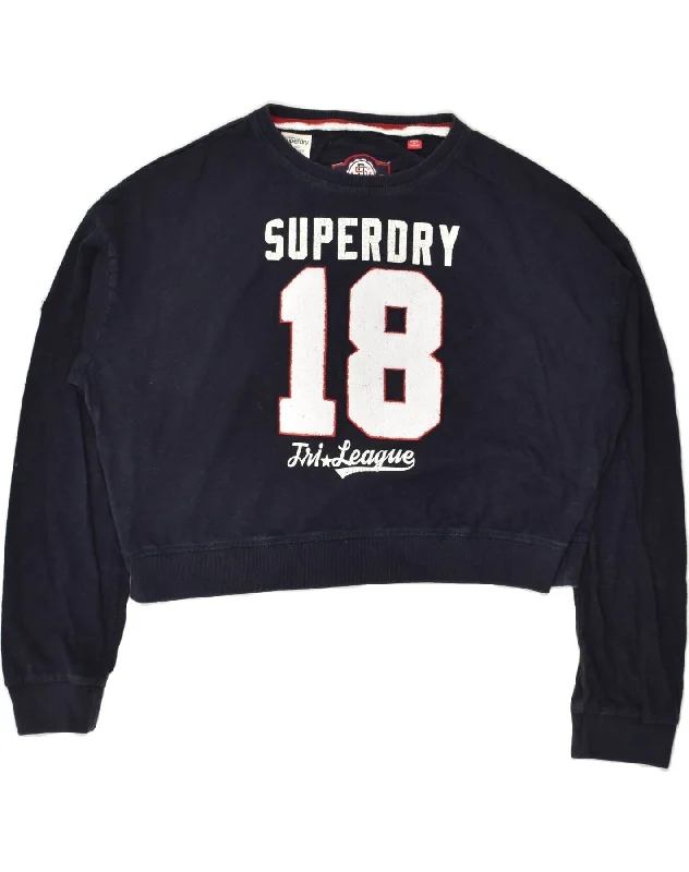 SUPERDRY Womens Crop Graphic Sweatshirt Jumper UK 16 Large Navy Blue Hoodie with Snap Buttons Easy Quick