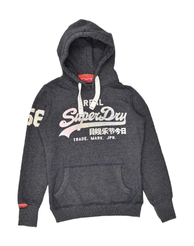 SUPERDRY Womens Graphic Hoodie Jumper UK 10 Small Grey Flecked Cotton Hoodie with Zipper Placket Modern Functional