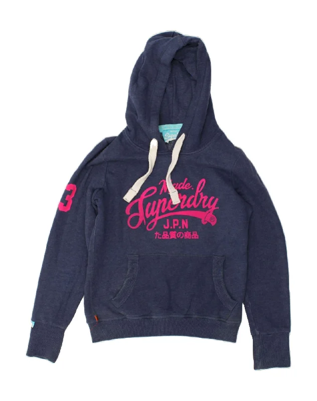 SUPERDRY Womens Graphic Hoodie Jumper UK 14 Large Navy Blue Cotton Zip Hoodie Drawstring Kangaroo Pocket