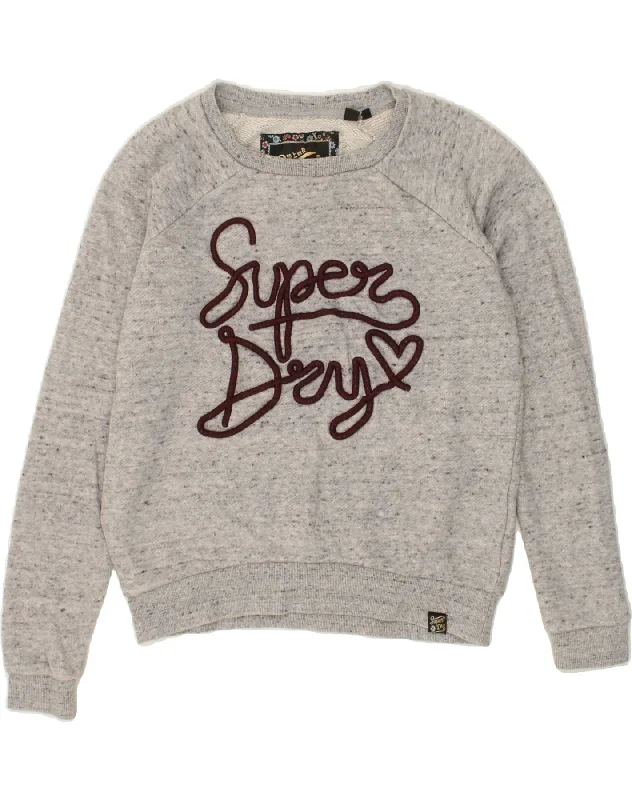 SUPERDRY Womens Graphic Sweatshirt Jumper UK 10 Small Grey Flecked Cotton Hoodie with Ribbed Neckline Snug Warm