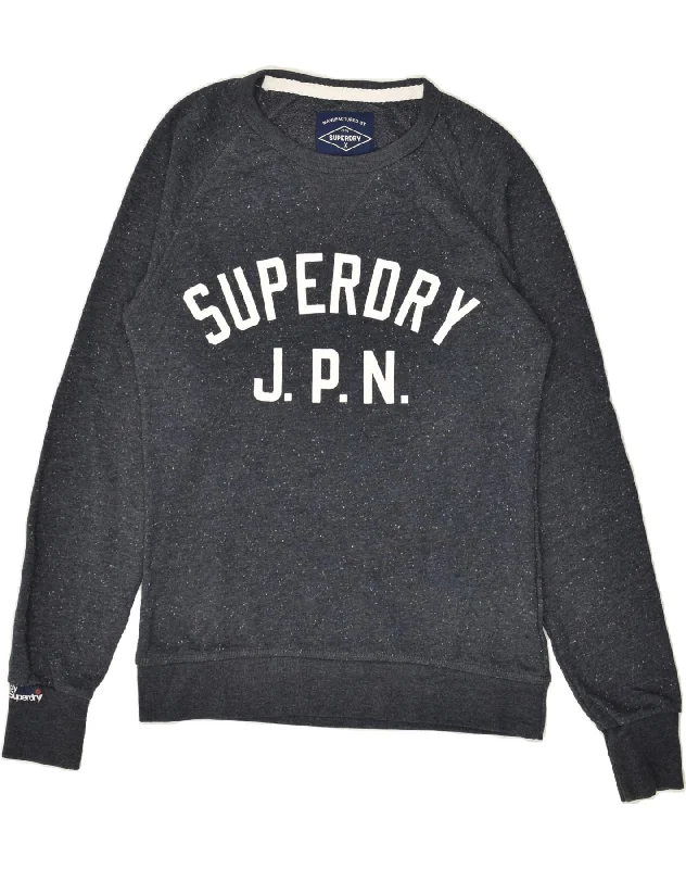 SUPERDRY Womens Graphic Sweatshirt Jumper UK 10 Small Navy Blue Cotton Hoodie with Front Slit Layering Stylish