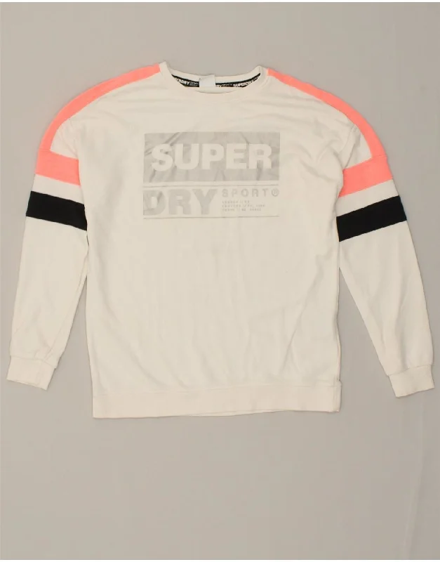 SUPERDRY Womens Graphic Sweatshirt Jumper UK 10 Small  White Colourblock Hoodie with Hem Patch Decorative Personalized