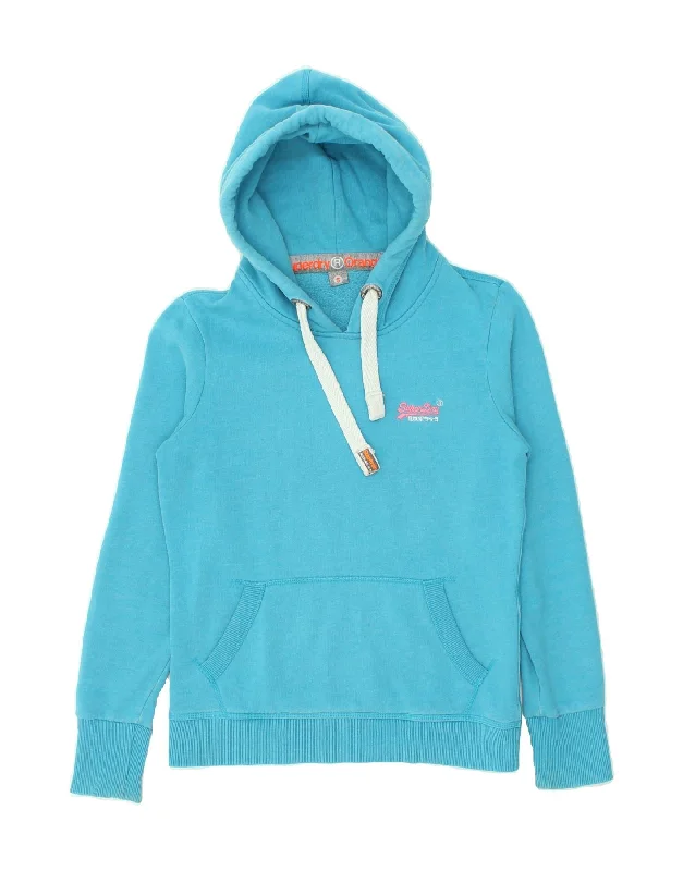 SUPERDRY Womens Hoodie Jumper UK 10 Small Blue Cotton Hoodie with Longline Fit Extended Stylish