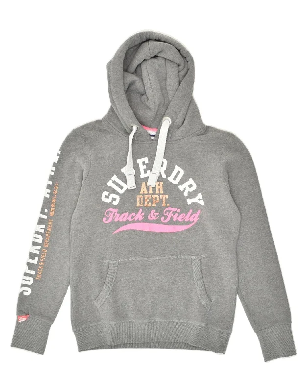 SUPERDRY Womens Track&Field Graphic Hoodie Jumper UK 14 Medium Grey Cotton Hoodie with Drawcord Adjustable Secure