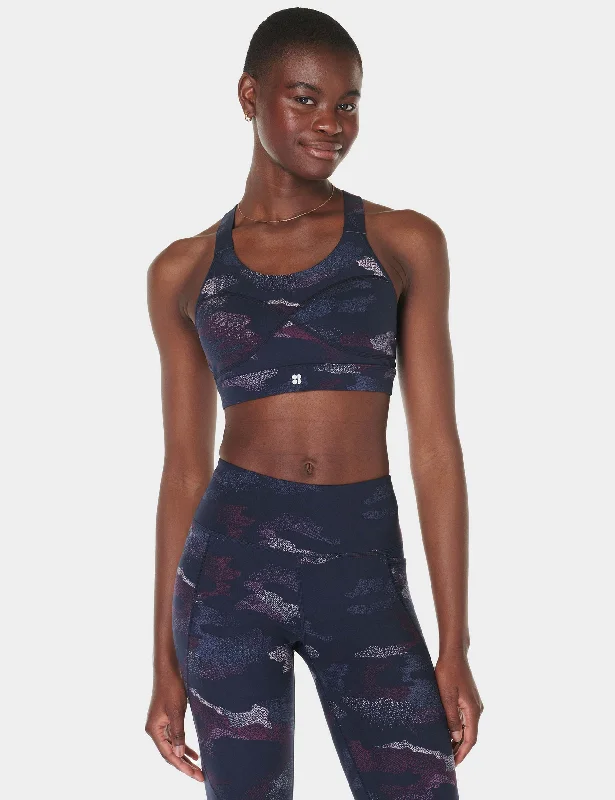 Power Medium Support Sports Bra - Blue Spray Camo Print Smooth Fit Bra