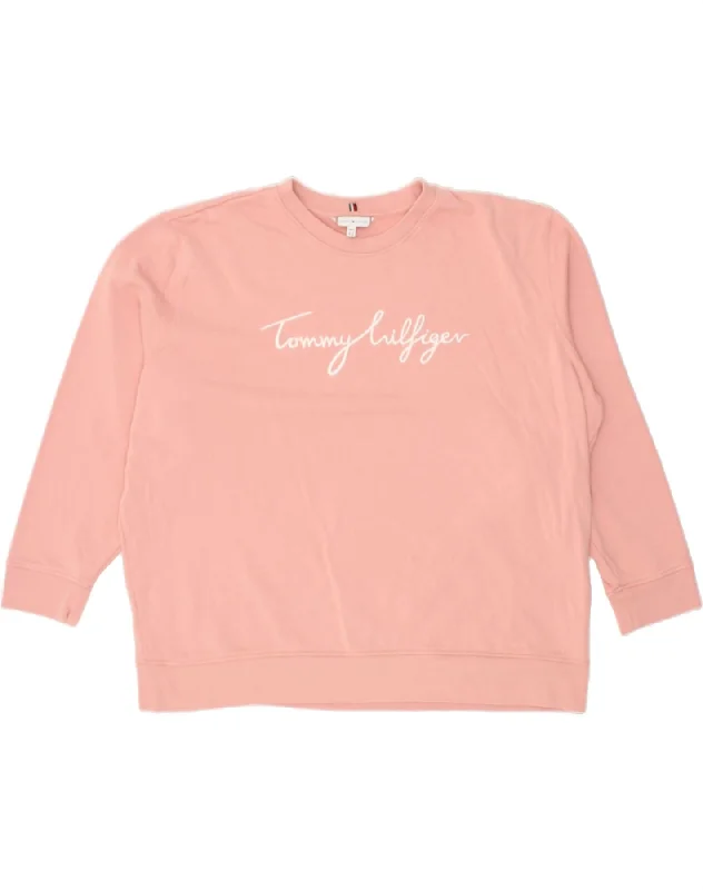 TOMMY HILFIGER Womens Graphic Sweatshirt Jumper UK 24 4XL Pink Cotton Hoodie with Puffed Sleeves Voluminous Trendy