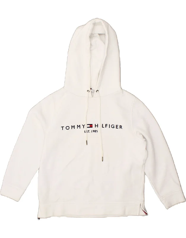 TOMMY HILFIGER Womens Loose Fit Graphic Hoodie Jumper UK 14 Medium White Hooded Sweatshirt Casual Wear Street Style