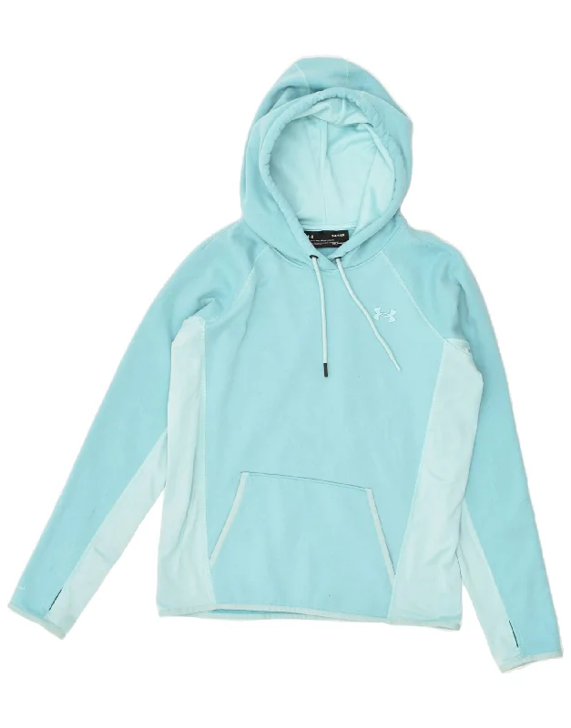 UNDER ARMOUR Womens Cold Gear Hoodie Jumper UK 10 Small Blue Colourblock Hoodie with Mock Neck Collared Structured