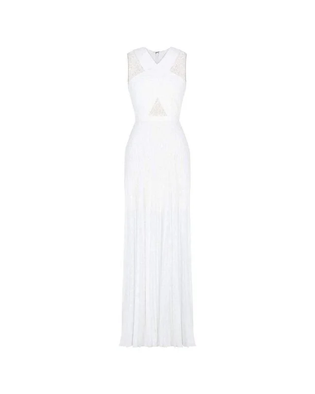 BCBGMAXAZRIA Pleated Lace Maxi Dress - White Elegant Maxi Dress with Belt