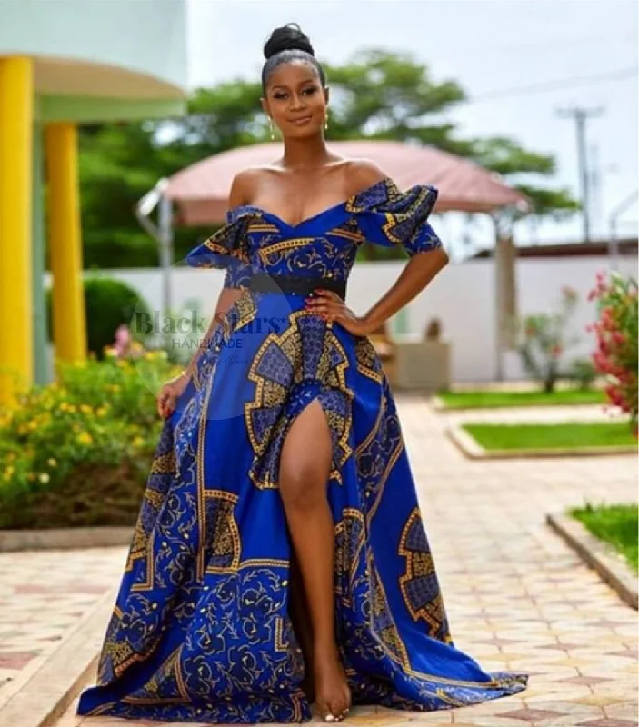 African Floor Length Dress| Off Shoulder Maxi Dress| Puff Sleeve Dress| Wedding Guest Clothing| Blue Yellow Dashiki| Black Stars Handmade Fashionable Maxi Dress with Fringe