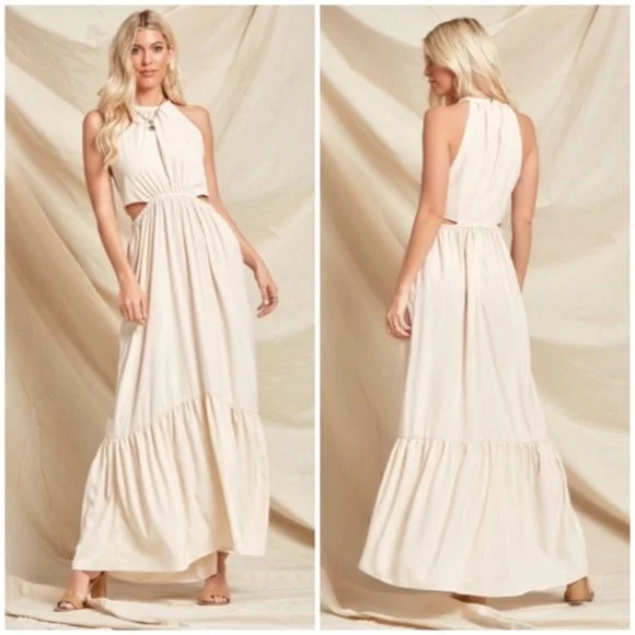 Bohemian Cream Solid Cut Out Waist Full Long Length Maxi Dress Women's Comfortable Bohemian Maxi Dress