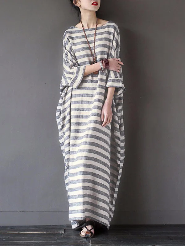 Casual 3/4 Sleeve Striped O-neck Baggy Cotton Women Maxi Dress Stylish Pleated A-Line Maxi Dress