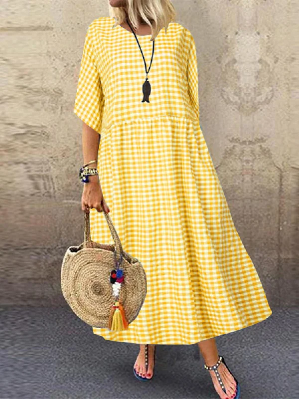 Casual Loose Plaid Print O-neck Half Sleeve Women Maxi Dress Trendy Maxi Dress with Lace