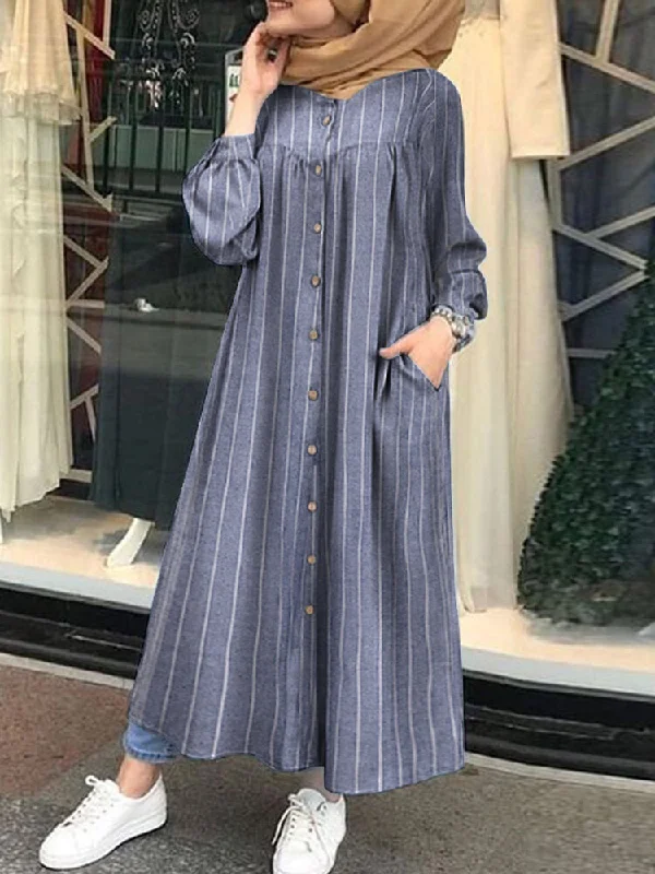 Casual Stripe Print Button Long Sleeve Pocket Shirt Women Maxi Dress Classic Tulle Maxi Dress