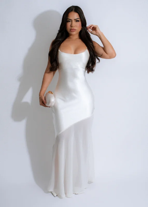 Celestial Veil Satin Maxi Dress White Elegant Maxi Dress with Ruffles