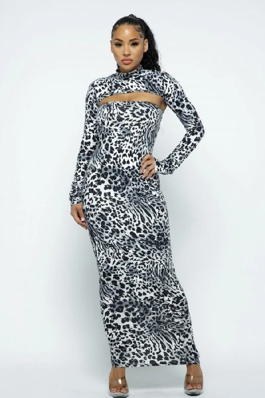 Cheetah Print Super Crop Top & Maxi Dress Trendy Maxi Dress with Bow