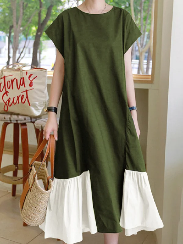 Contrast Color Spliced O-neck Short Sleeve Back Zipper Plain Casual Women Maxi Dress Cozy Cold-Shoulder Maxi Dress