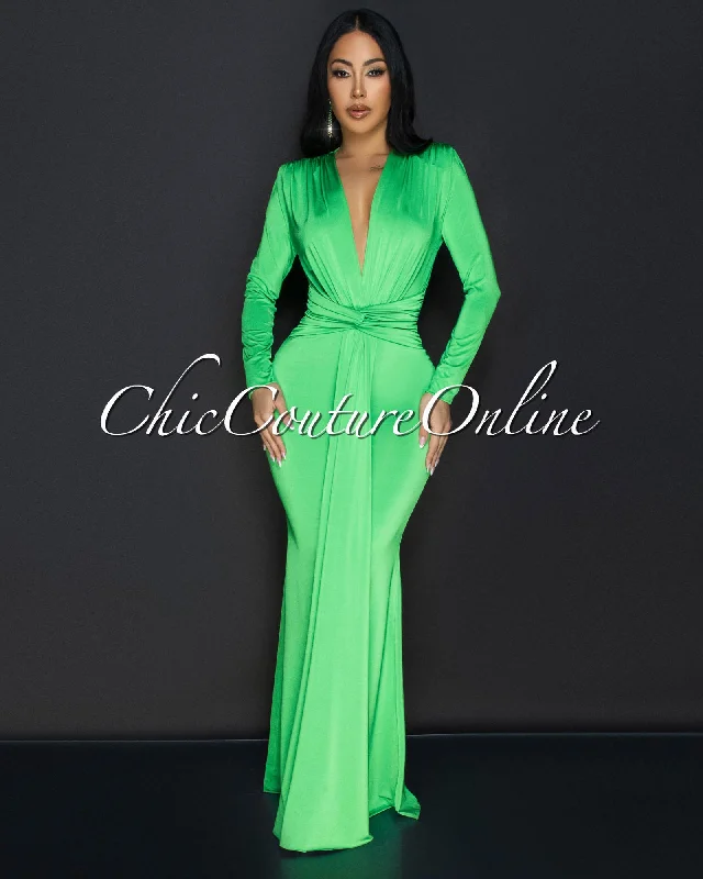 Cordelia Apple Green Long Sleeves Deep V-Neck Maxi Dress Comfortable Pleated Maxi Dress