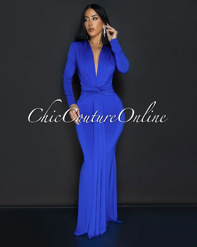 Cordelia Royal-Blue Long Sleeves Deep V-Neck Maxi Dress Cozy Maxi Dress with Slit