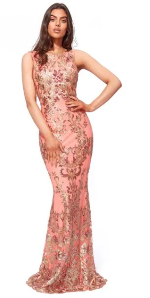 Designer gown 10719 coral sequined maxi dress. Size 6. Comfortable Fit-and-Flare Maxi Dress