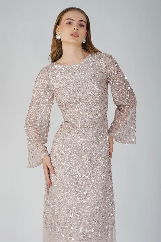 Diane Long Sleeve Embellished Maxi Dress in Mink Elegant Floral Maxi Dress