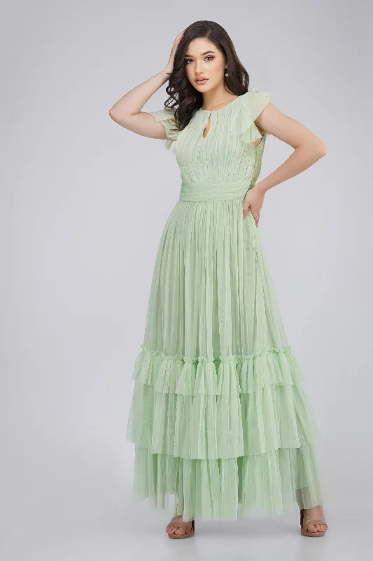 Diva Tulle Maxi Dress in Sage Elegant Pleated Maxi Dress