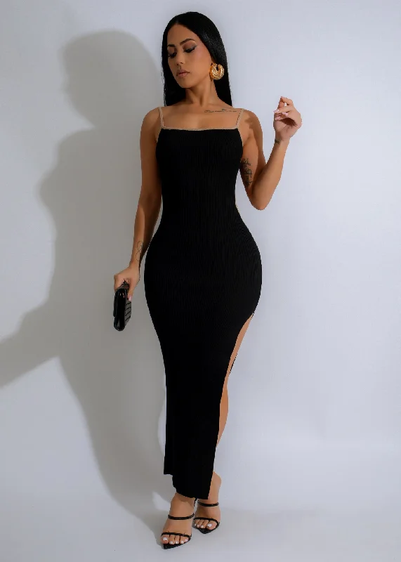 Endless Nocturnal Ribbed Maxi Dress Black Chic Button-Up Maxi Dress