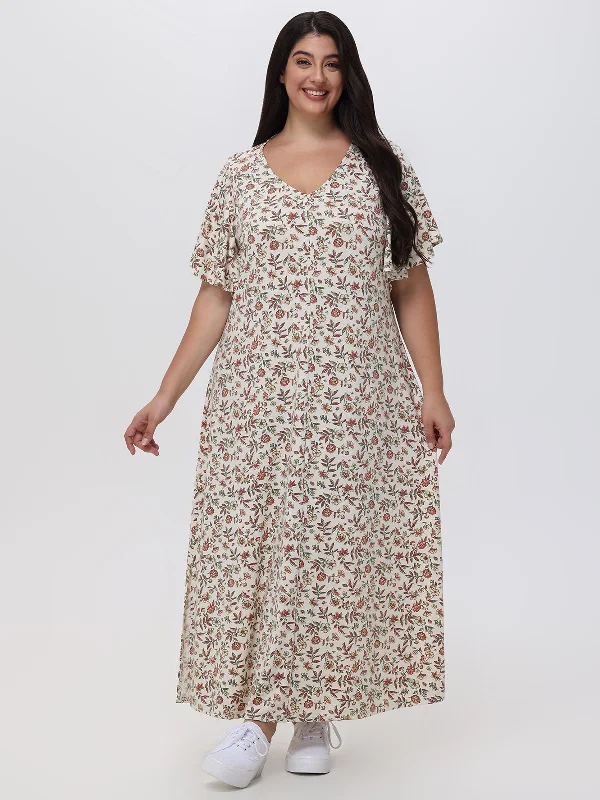 Plus Floral Flutter Sleeve Maxi Dress Elegant Maxi Dress with Pockets