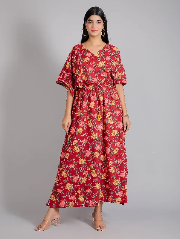 Floral Motifs on Maroon Cotton Kaftan Maxi Dress Elegant Tiered Maxi Dress