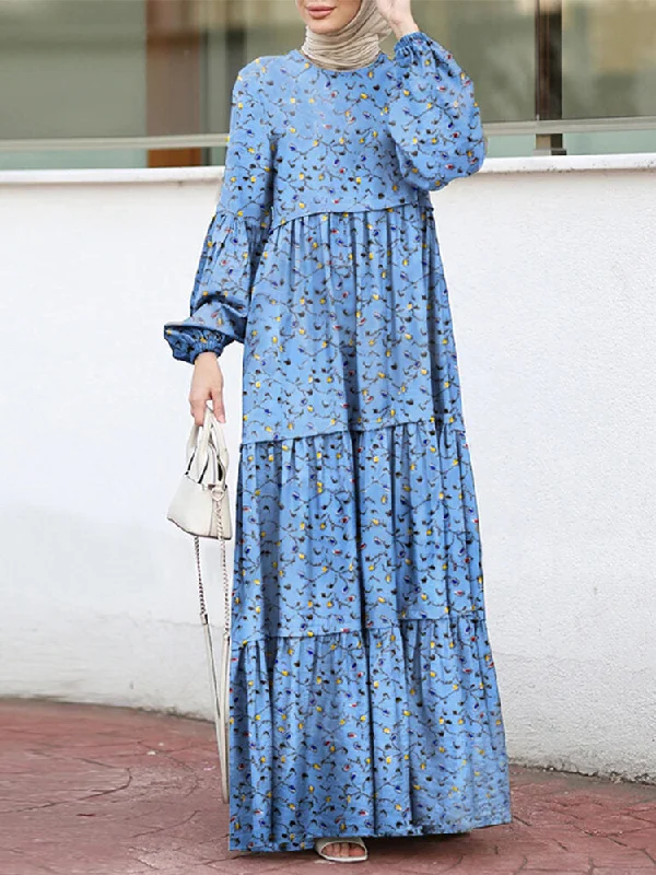 Floral Print Tiered Round Neck Button Back Casual Puff Sleeve Women Maxi Dress Comfortable Ruffle Hem Maxi Dress