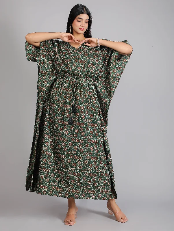 Green Abstract Print Cotton Kaftan Maxi Dress Cozy Cold-Shoulder Maxi Dress