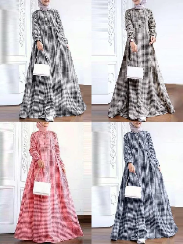 Grid Printed Casual Elastic Cuffs Big Swing Long Sleeve Muslim Abaya Kaftan Women Maxi Dress Elegant Maxi Dress with Drapes