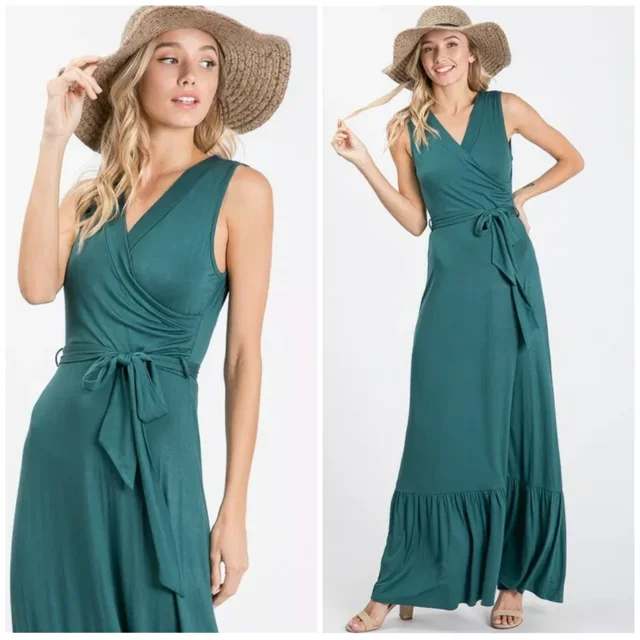 Hunter Green Faux Wrap Sleeveless Belted Casual Maxi Dress Womens Trendy Floral Print Maxi Dress