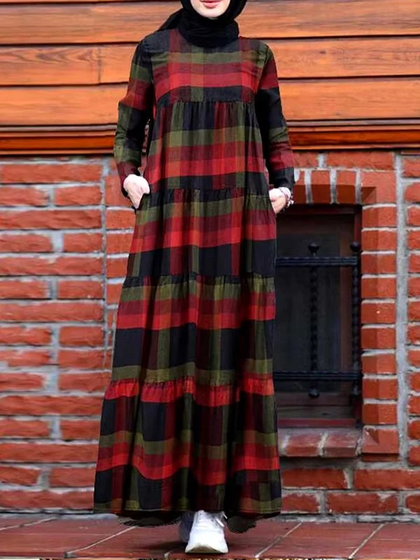 Kaftan Tunic Plaid Print Back Zipper Long Sleeve Maxi Layered Women Maxi Dress Comfortable Maxi Dress with Sleeves