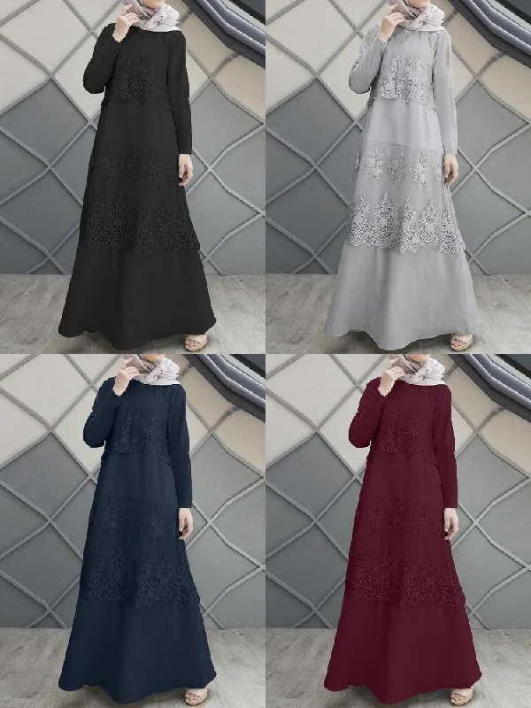 Lace Stitching A-line O-neck Pure Color Long Sleeve Muslim Abaya Kaftan Women Maxi Dress Fashionable High-Waist Maxi Dress