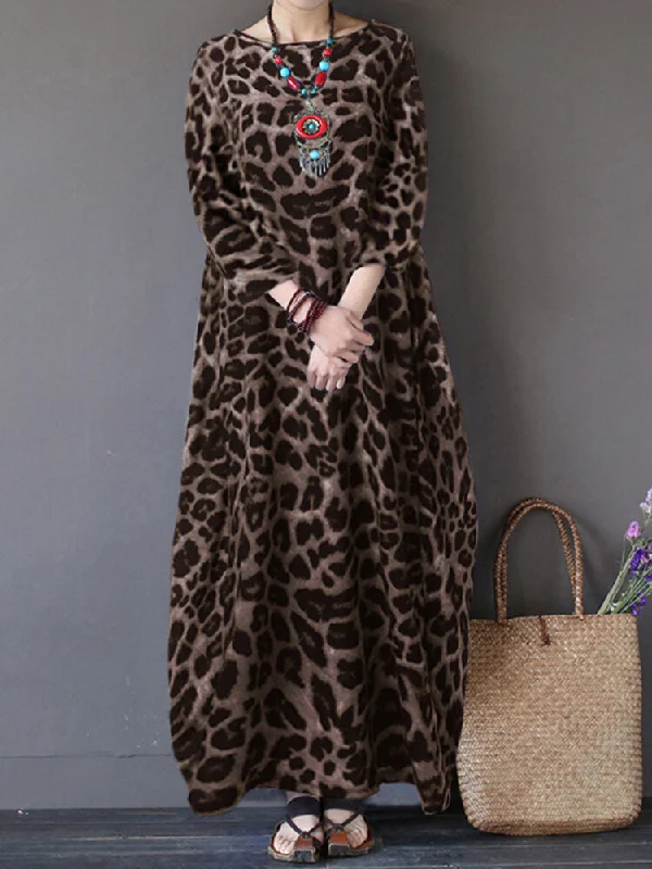 Leopard Print Crew Neck Loose Baggy Women Maxi Dress Fashionable Sleeveless Maxi Dress