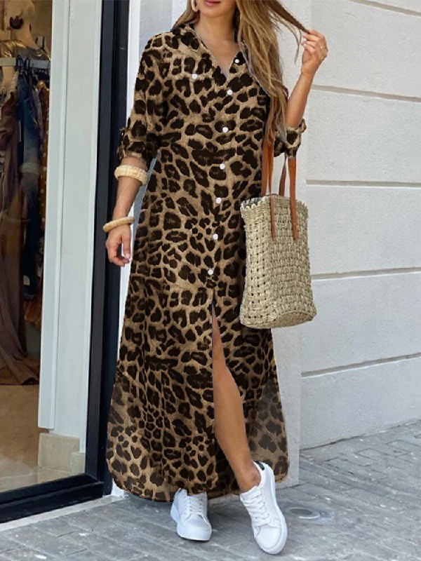 Leopard Print Lapel Long Sleeve Pockets Shirt Women Maxi Dress Elegant Boho Maxi Dress