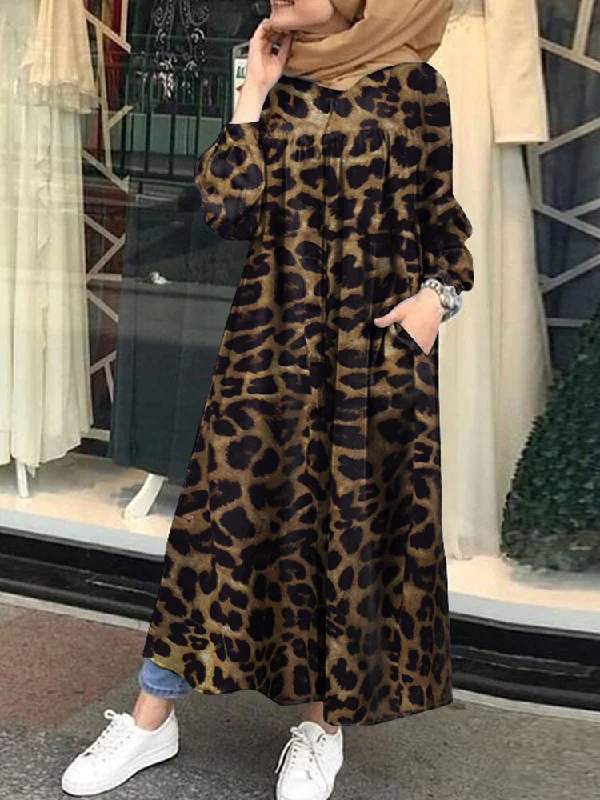 Leopard Printed Button Down Front Kaftan Tunic Pockets Women Maxi Dress Cozy Ruffle Sleeve Maxi Dress