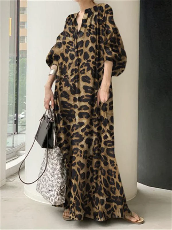 Leopard Printed Maxi Dress Women Long Dress Cozy Longline Maxi Dress