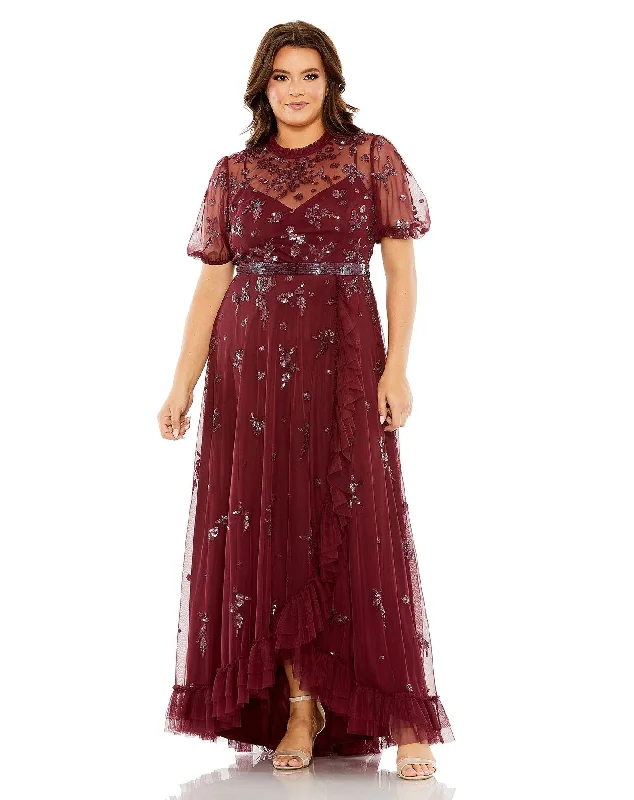 Mac Duggal 9269 Plus Size Puff Short Sleeve Embellished Faux Wrap Maxi Dress Stylish Empire Waist Maxi Dress