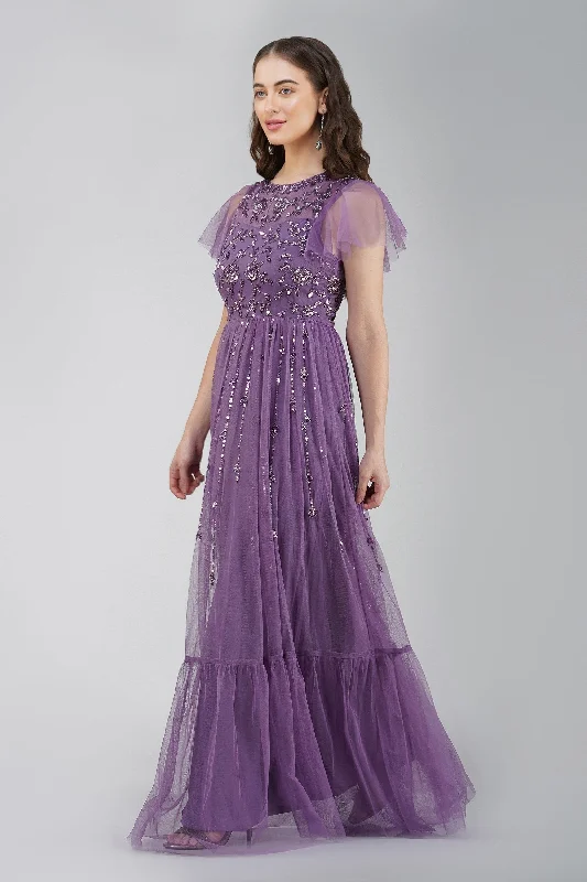 Marly Purple Embellished Maxi Dress Fashionable Asymmetrical Maxi Dress